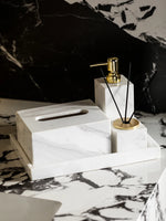 ensemble salle bain marbre blanc doré distributeur savon boîte mouchoirs diffuseur moderne