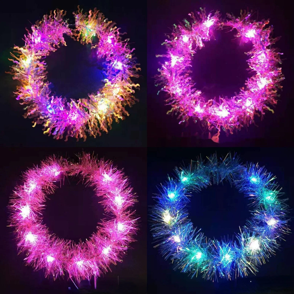 couronne lumineuse festive tissus brillants couleurs vives bleu rose violet lumineux tinsel opaque festive