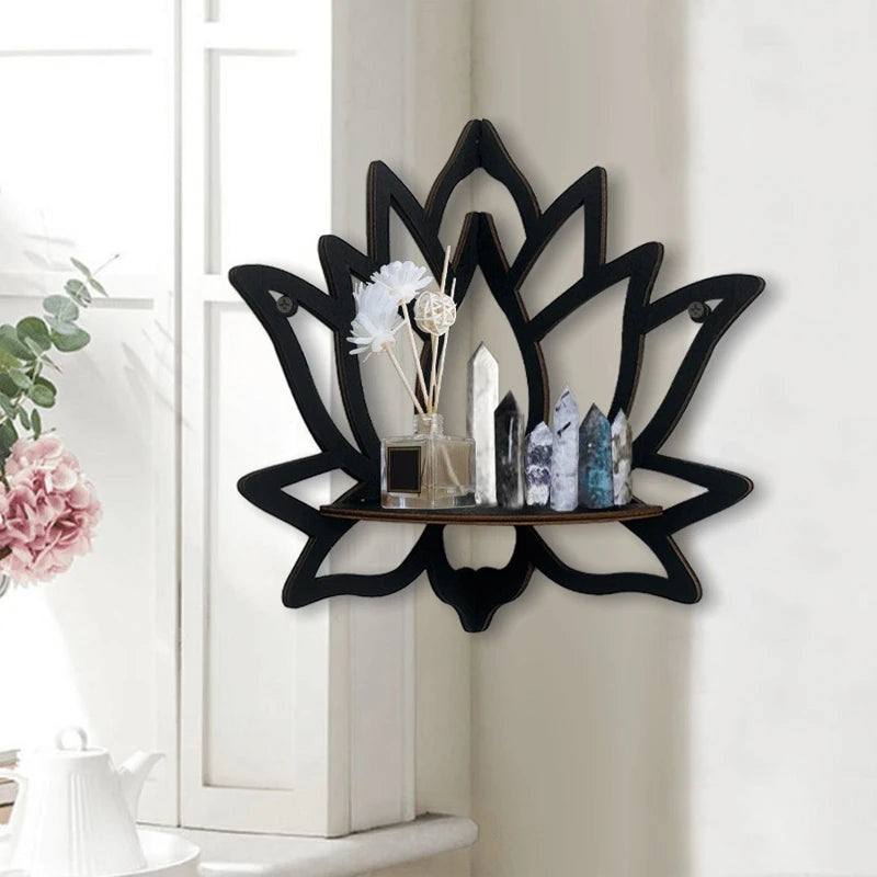 étagère murale moderne bois noir forme fleur lotus fixations aromathérapie