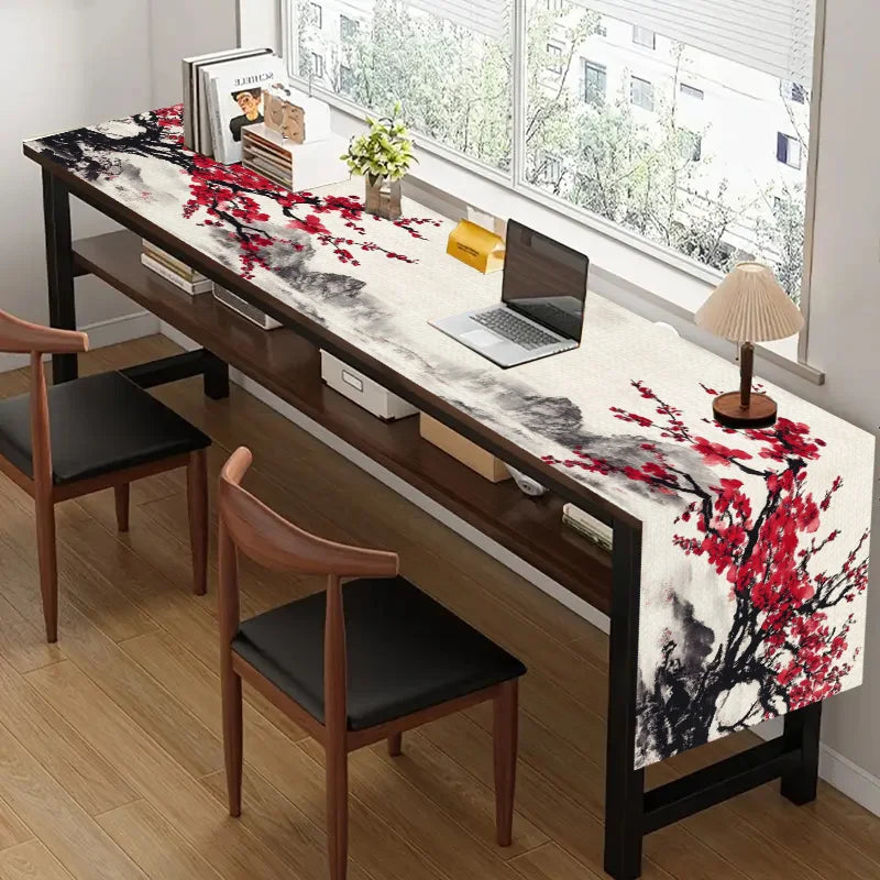 nappe longue imprimée fleurs cerisiers effet aquarelle décoration asiatique table maison assiettes couverts verres