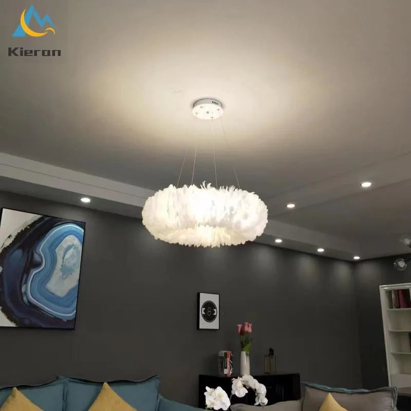suspension lumineuse plumes blanc moderne 60cm led chaines lumière chambre