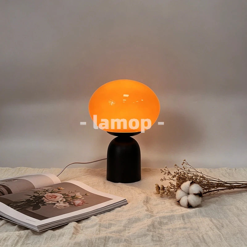 lampe table moderne rétro base noire lumière douce ampoules led verre strié orange sans