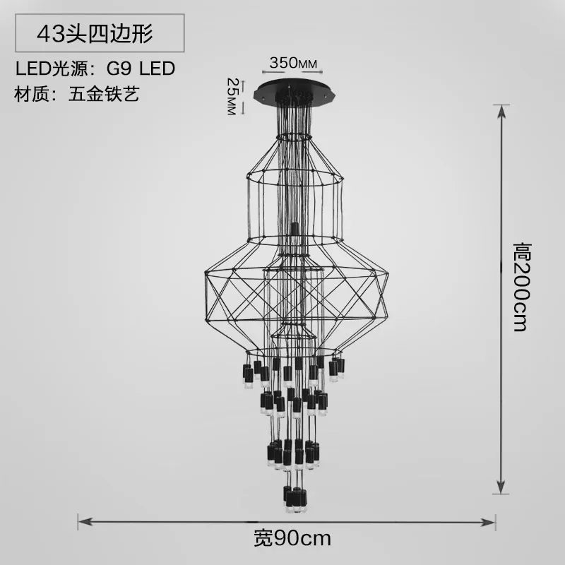 suspension lumineuse moderne fer noir structure géométrique interrupteur bouton éclairage intérieur minimaliste