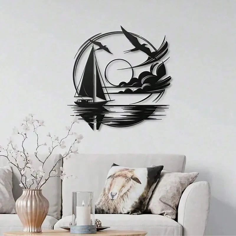 décoration murale art marin plaque métal bateau voile oiseaux vague soleil