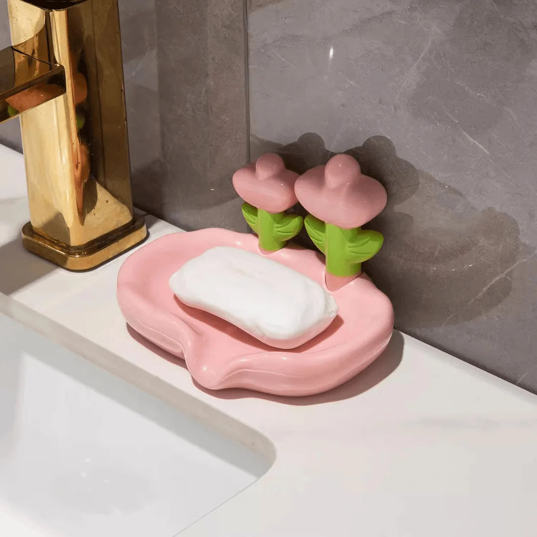 support savon moderne fleurs stylisées blanc rose vert jaune orange violet adhésif salle bains