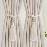 boucles rideau boho chic bois franges coton beige clair anneaux métalliques