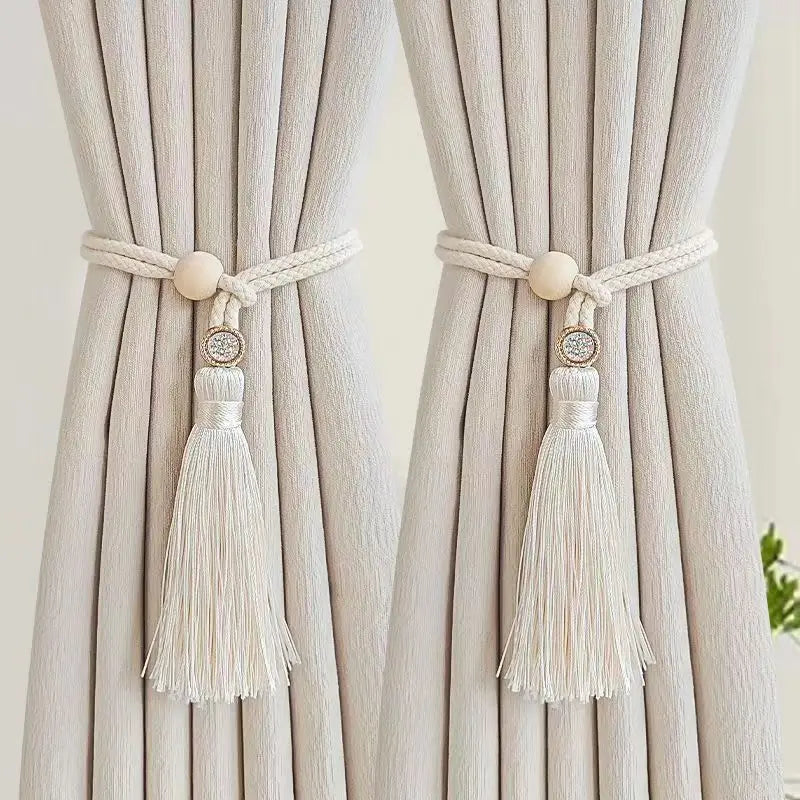 boucles rideau boho chic bois franges coton beige clair anneaux métalliques