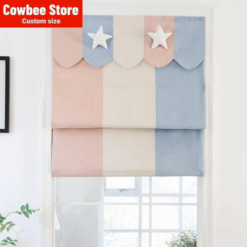 rideau patchwork moderne rose clair bleu clair tissu épais étoiles blanches polyester géométrique intégré