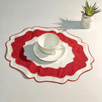 sets table coton abstraits vert jaune orange marron blanc modernes minimalistes textures douces assiettes