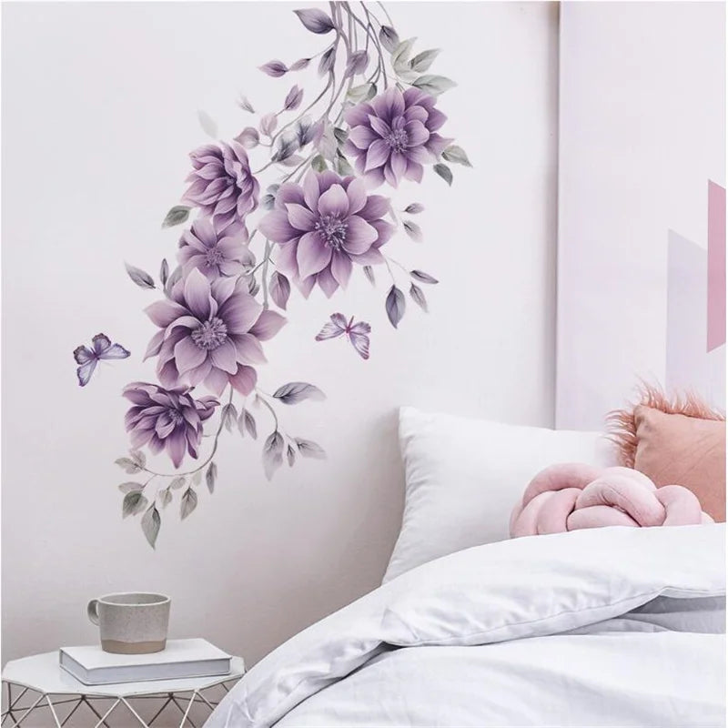 autocollants muraux fleurs violettes papillons décoration chambre salon 60cm 44cm pastoraleOpaque adhésif