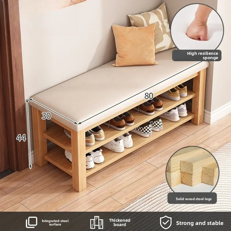 tabouret rangement chaussures bois naturel moderne minimaliste coussin rembourré étagère entrée multifonction adultes seniors
