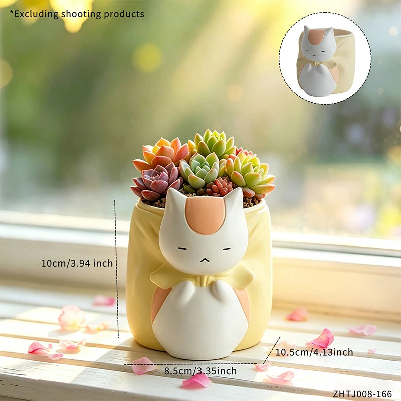 pot résine chat stylisé succulentes couleur jaune blanc orange décoration maison balcon fenêtre