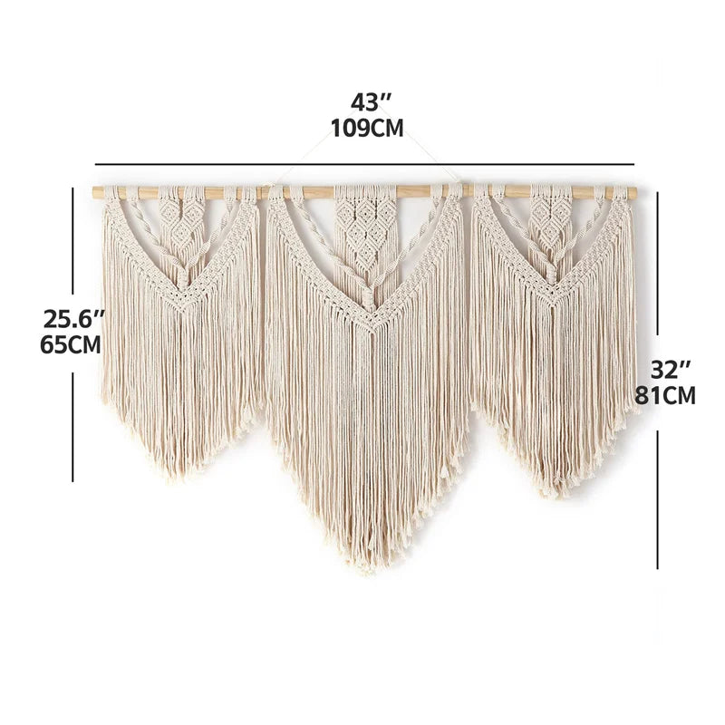 tapisserie macramé coton ovale motifs géométriques franges bohème bois opaque