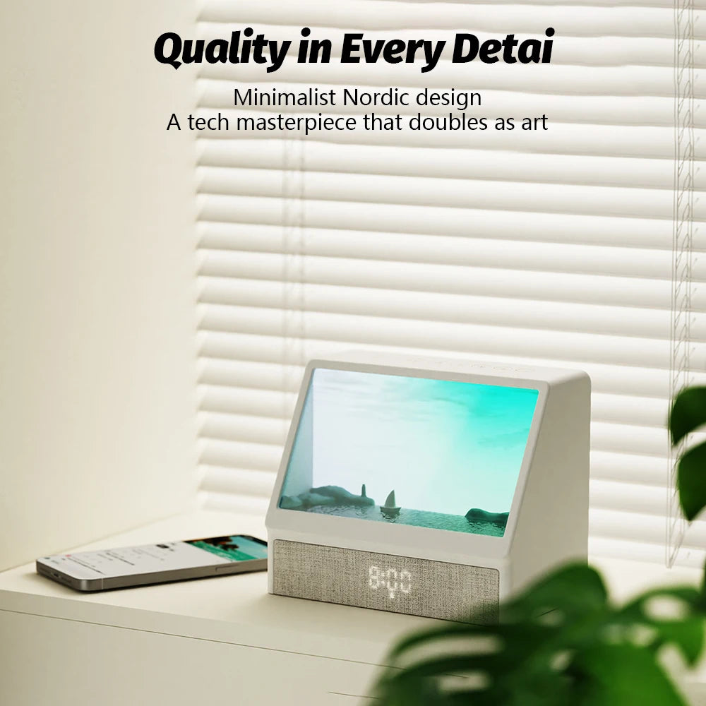 lampe d'éveil veilleuse bluetooth télécommande texture tissée minimaliste lumière ambiance niveaux luminosité blanc gris