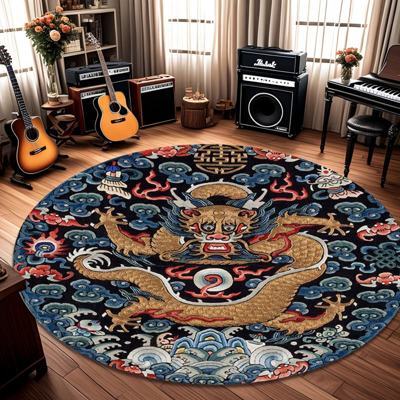 tapis rond moderne floral dragon géométrique polypropylène polyester bleu rouge vert chambre salon extérieur