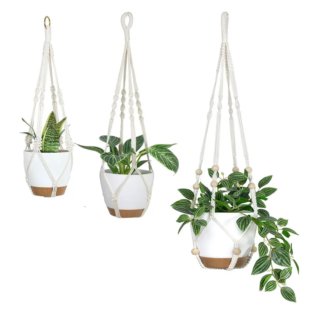 support plante suspendue corde tressée bois boho artisanal anneaux métalliques pot fleurs blanc base