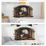 autocollant mural vintage paysage fenêtre volets bleus plantes vertes guirlande fleurs chat niche naturel