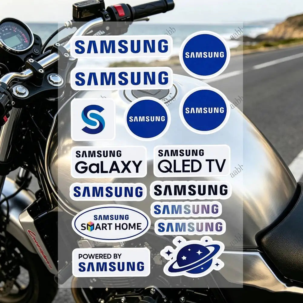 autocollants réfléchissants sécurité moto bleu blanc noir logos samsung modernes minimalistes