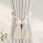 rideau boho chic ruban tissé chanvre beige clair pompon bois doux