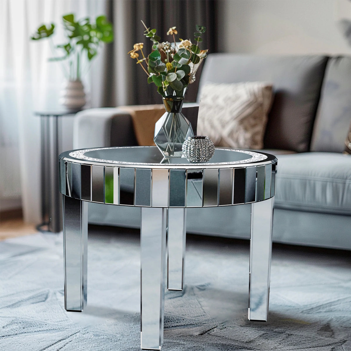 table d'appoint ronde miroir argenté moderne élégante plateau brillant bordure cristaux