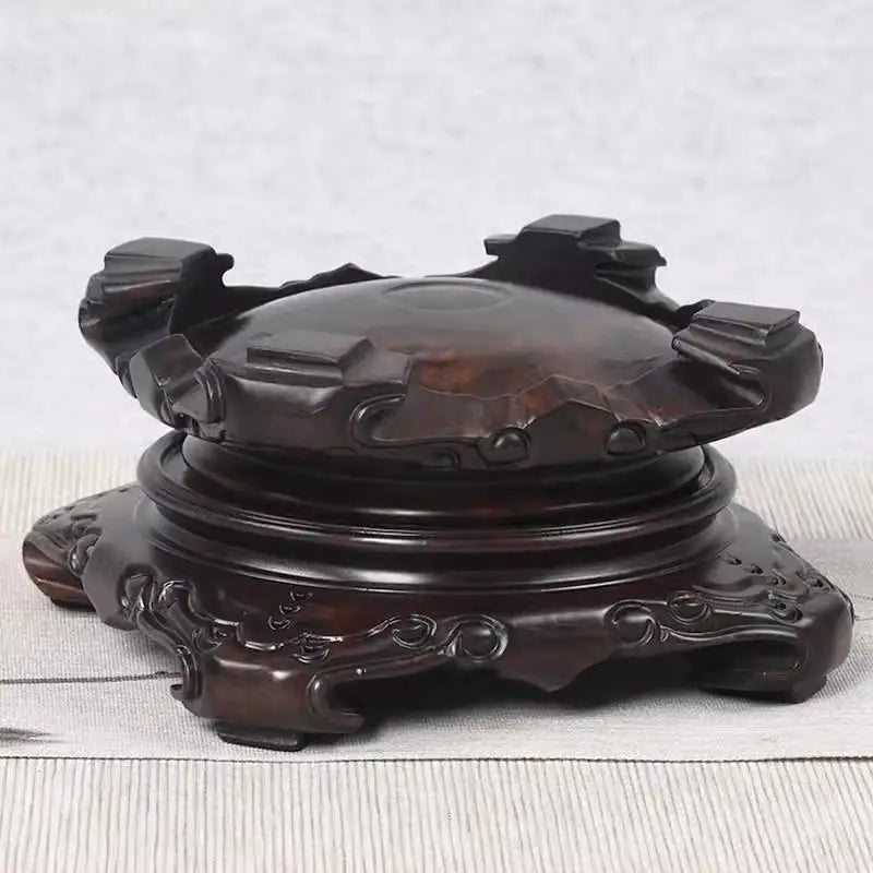 supports décoration bois sculpté artisanal traditionnel marron foncé fleurs vases bouddhas encens plantes bonsaï