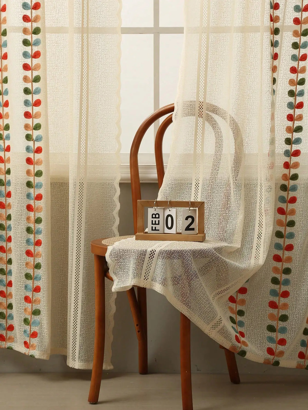 rideau moderne rustique feuilles brodées couleur beige vert orange bleu semi transparent salon maison