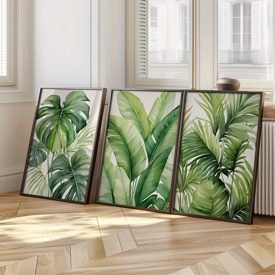 toiles impression feuilles tropicales modernes naturelles vertes blanches cadre bois chambre salon decoration