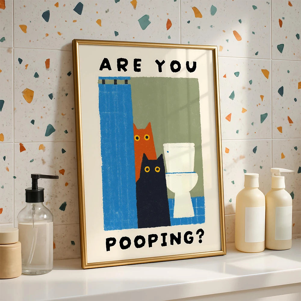 affiche humour chats salle bain pooping texte maison bain toilettes sans cadre illustration simple