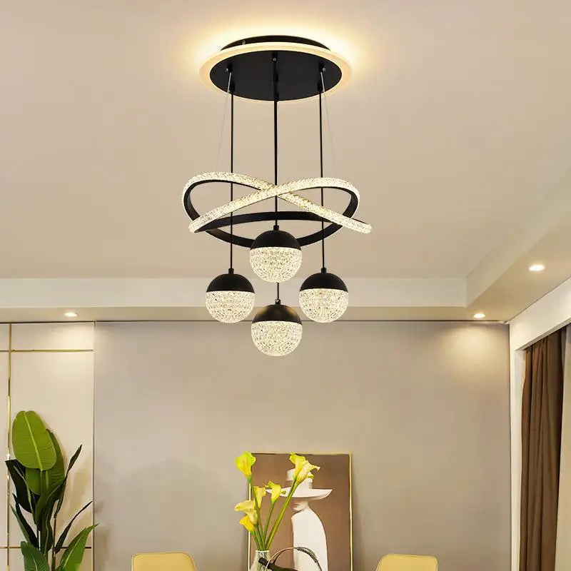 suspension lumineuse moderne or noir anneaux boules translucides led clips