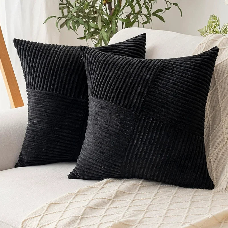 ensemble coussin décoratif vert olive rayures horizontales moderne velours côtelé patchwork canapé