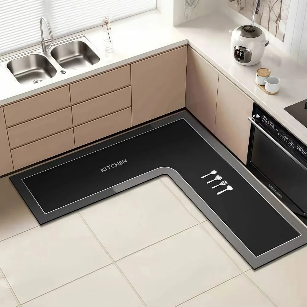 tapis cuisine marbre noir veines blanches moderne antidérapant lavable polyester noir blanc