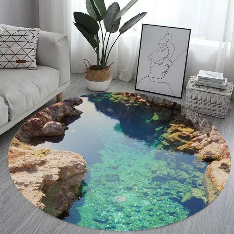 tapis rond moderne bleu vert beige motif paysage floral vague intérieur extérieur