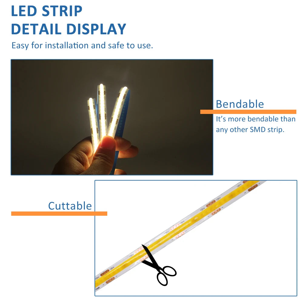 ruban led coB 5m 12v blanc chaud froid rouge vert bleu clips modernes