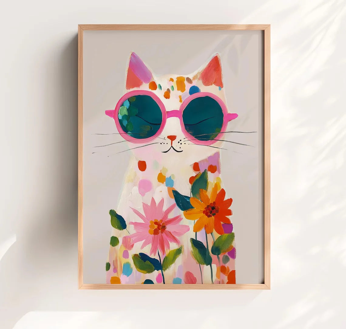 affiche murale chat lunettes fleurs colorée moderne blanche rose bleue verte orange jaune rougeviolette