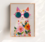 affiche murale chat lunettes fleurs colorée moderne blanche rose bleue verte orange jaune rougeviolette