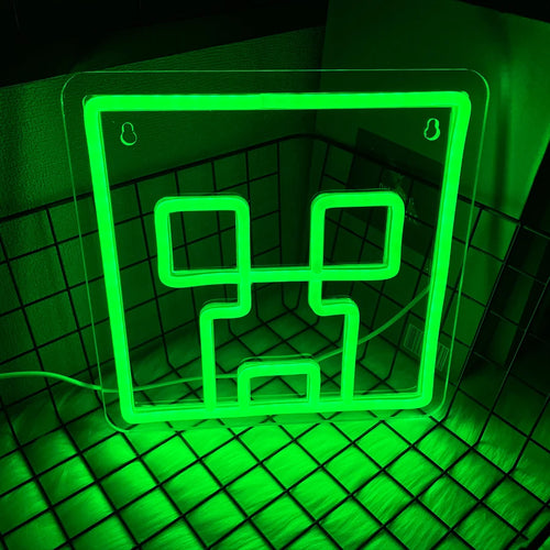 lampe néon vert fluo visage moderne yeux carrés sourire chambre jeu minimaliste