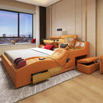 lit multifonctionnel simili cuir orange gris moderne tapis oreillers tablette rangement télécommande