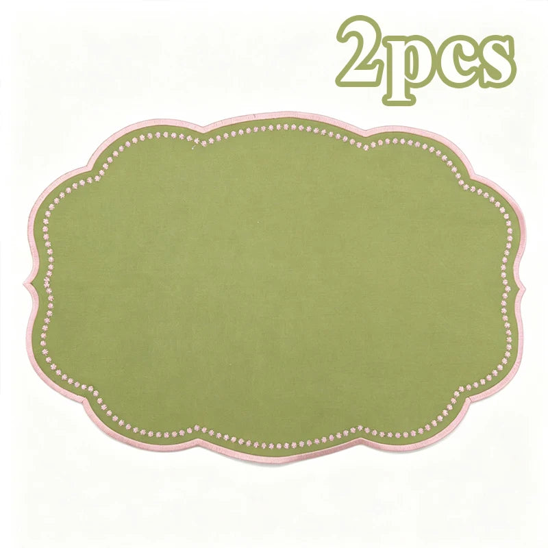 sets table vert olive rose brodé dimensions 42x30cm champêtre assiettes tasses couverts
