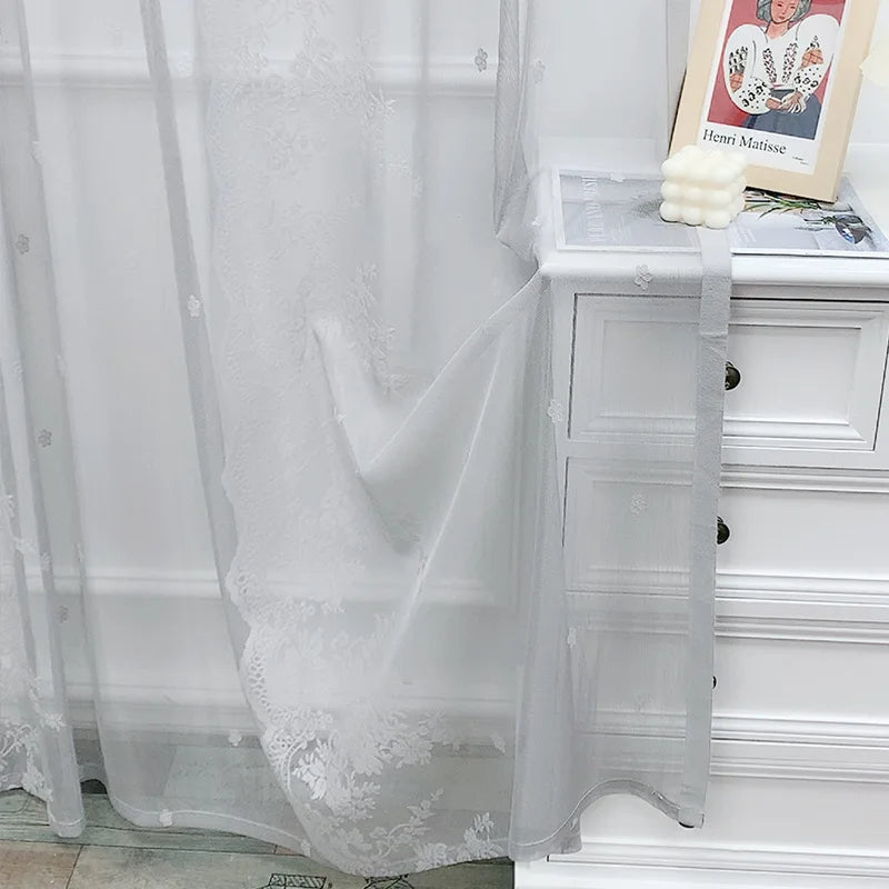 rideau blanc floral transparent romantique deux panneaux dentelle polyester chambre salon