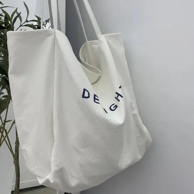 sac main toile réutilisable polyvalent lettre DELIGHT blanc jaune vert violet poche téléphone
