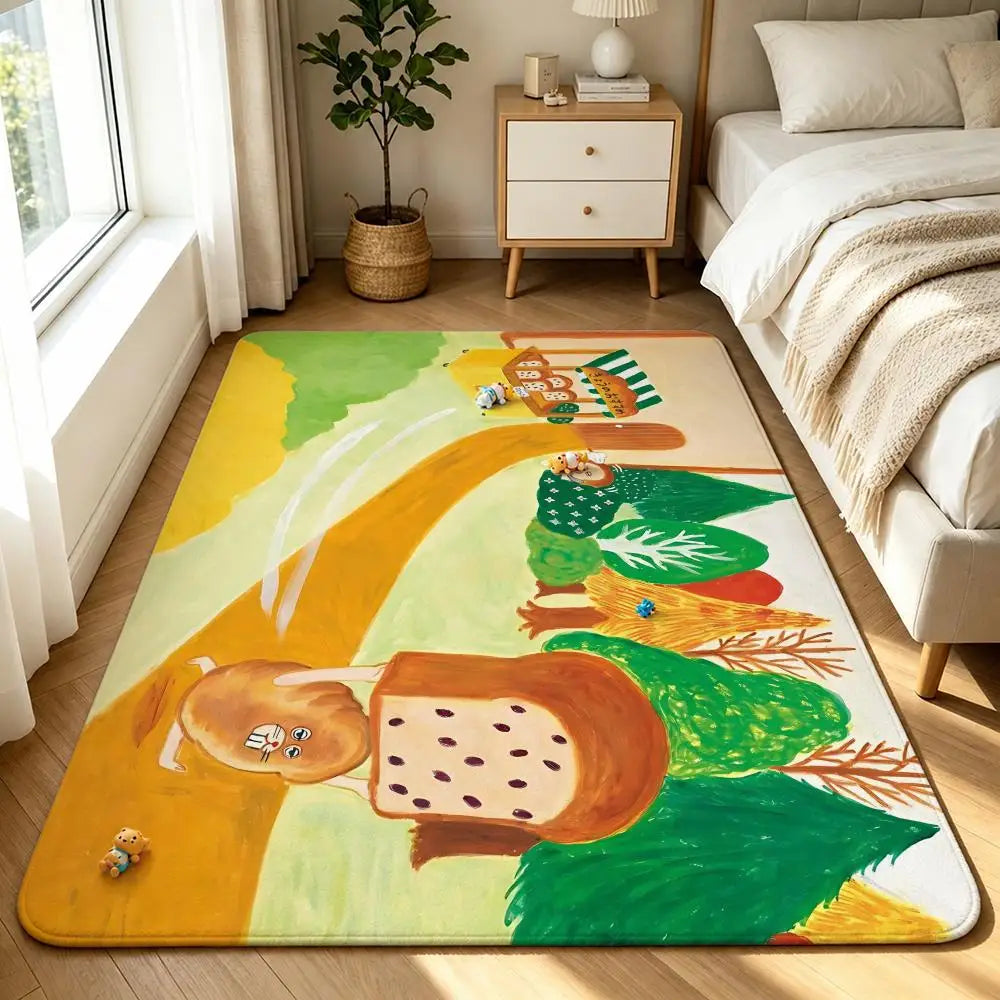 tapis illustration animée pain motif paysager mignon moderne sol antidérapant coton polyester resistant decoloration