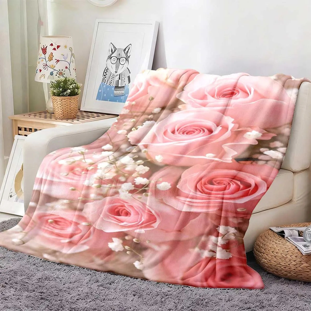 couverture rose imprimé floral fleurs blanches moderne polyester douce 100x130cm 130x150cm 150x200cm opacité fixations