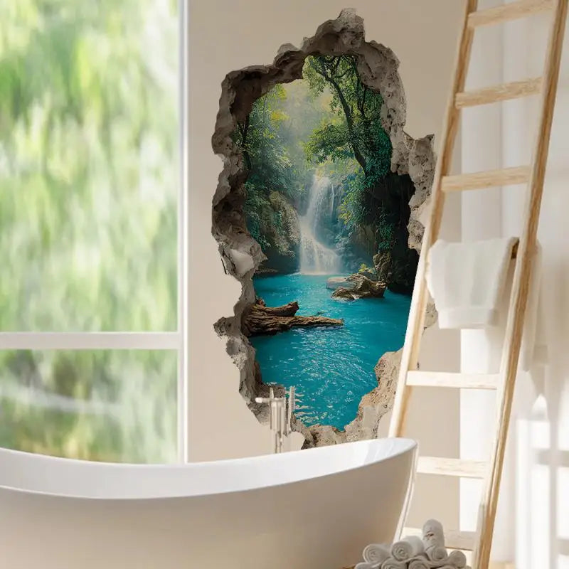 décoration murale paysage cascade forêt tropicale effet 3d moderne autocollant chambre bain