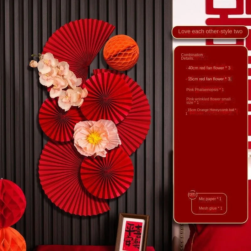 décoration murale papier artisanal fleurs rouges mariage traditionnelle fan dorées adhésif