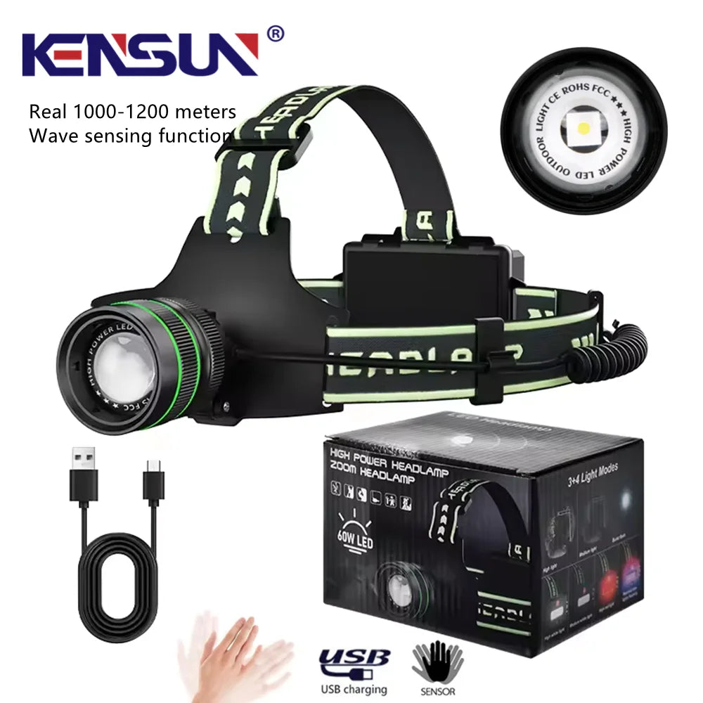 lampe frontale rechargeable led noire rayures vertes hiking camping 60w batterie usb