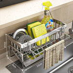 étagère cuisine moderne multifonctionnelle gris métallisé structure maille adhésif fixe serviette éponge vaisselle brosse