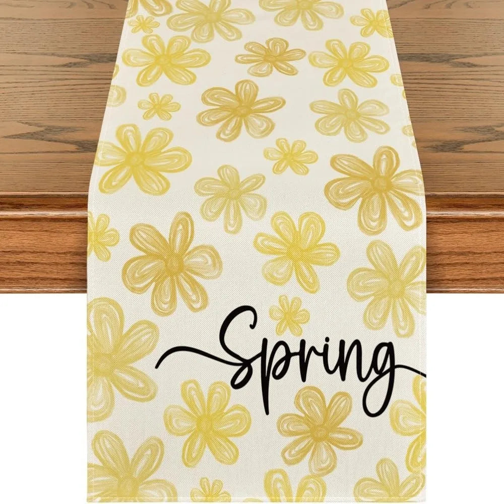nappe runner floral printemps pâquerettes calligraphie couleurs vives décoration table saisonnelle bleu rose vert