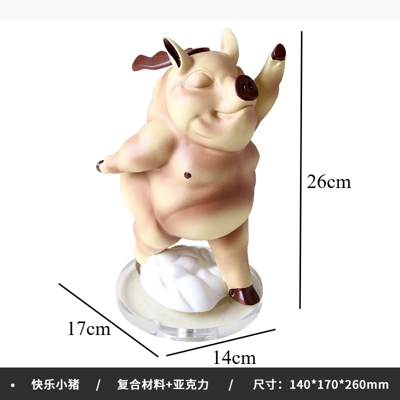 statue cochon cartoon joyeux décoration intérieure beige marron base transparente