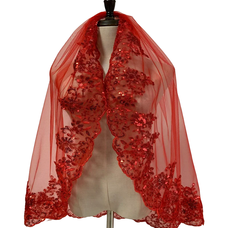 voile mariée femme longueur épaule rouge motif floral dentelle élégant opacité écharpe inclusion fixations