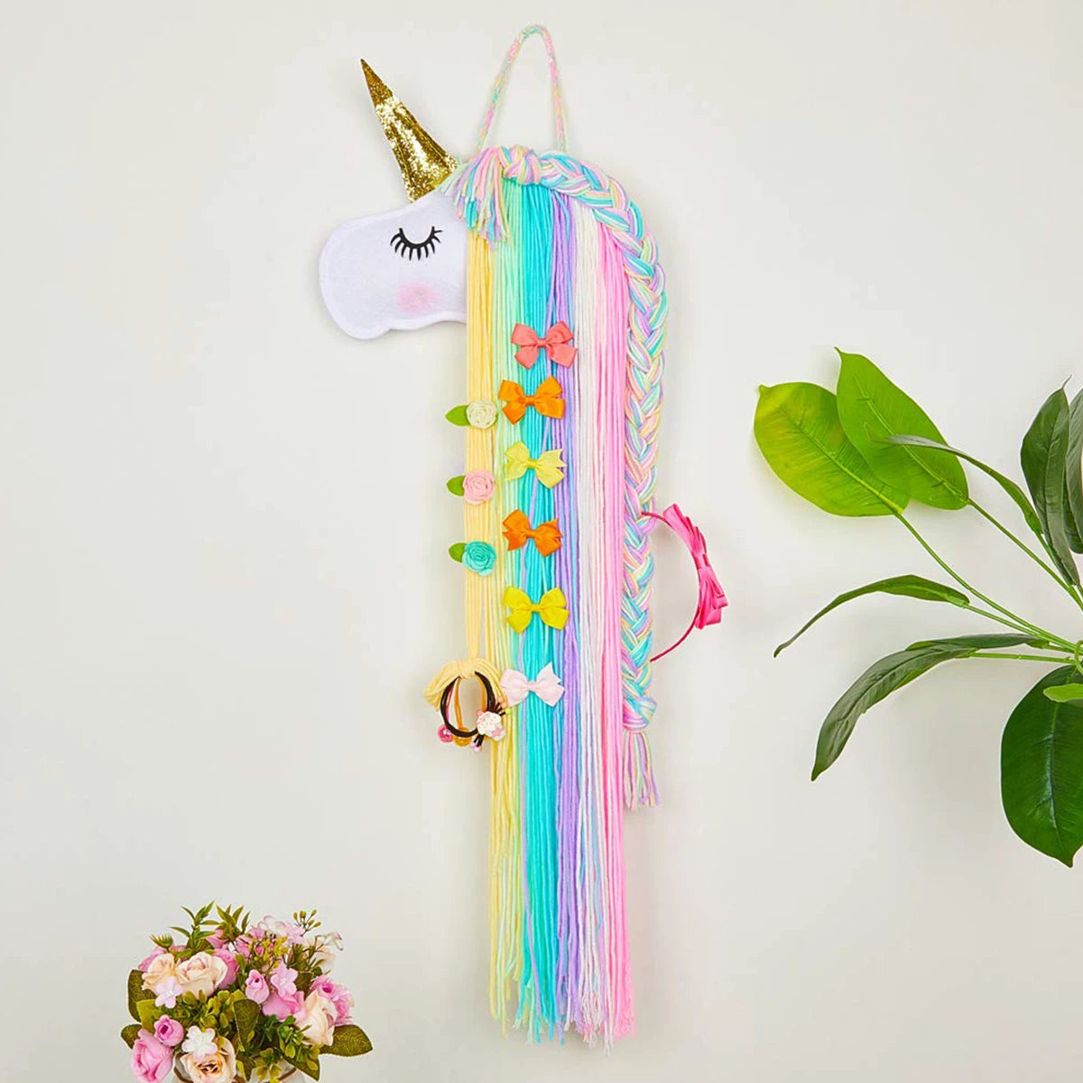 organisateur mural licorne arc ciel pince cheveux barrette enfant fantaisie chambre fille decoration mur
